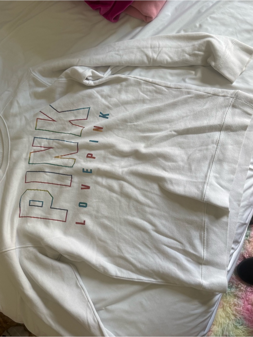 PINK Victoria's Secret White Crewneck Sweatshirt with Multicolor Outlined Logo